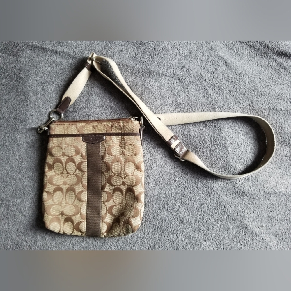 Coach Tan and Brown Crossbody Bag with Signature Monogram